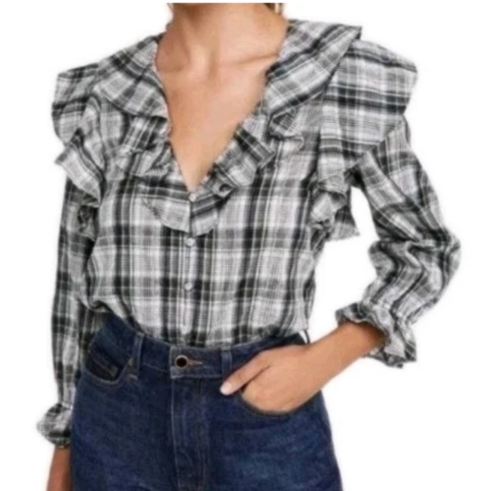 Veronica Beard Litha Blouse Woman Sz 10 Med Plaid Ruffle V-neck Preppy Academia